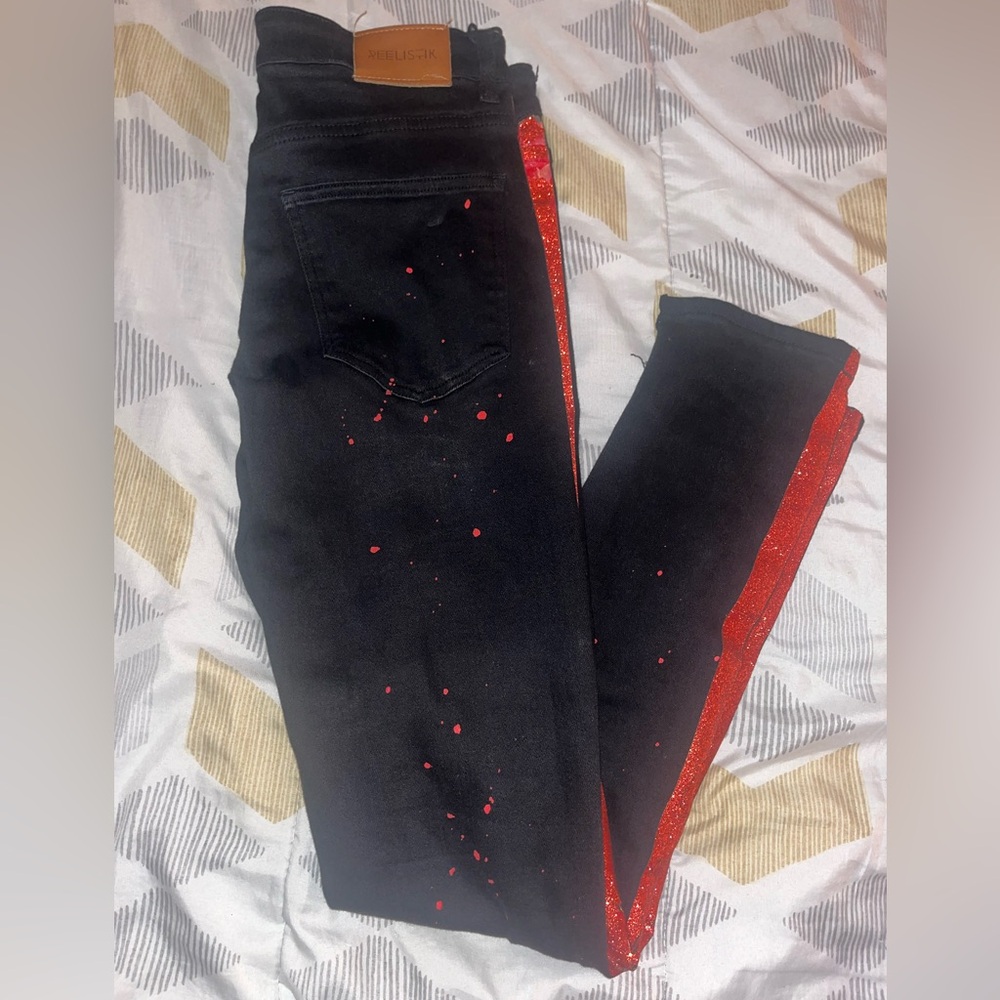 skinny red jean with red strips